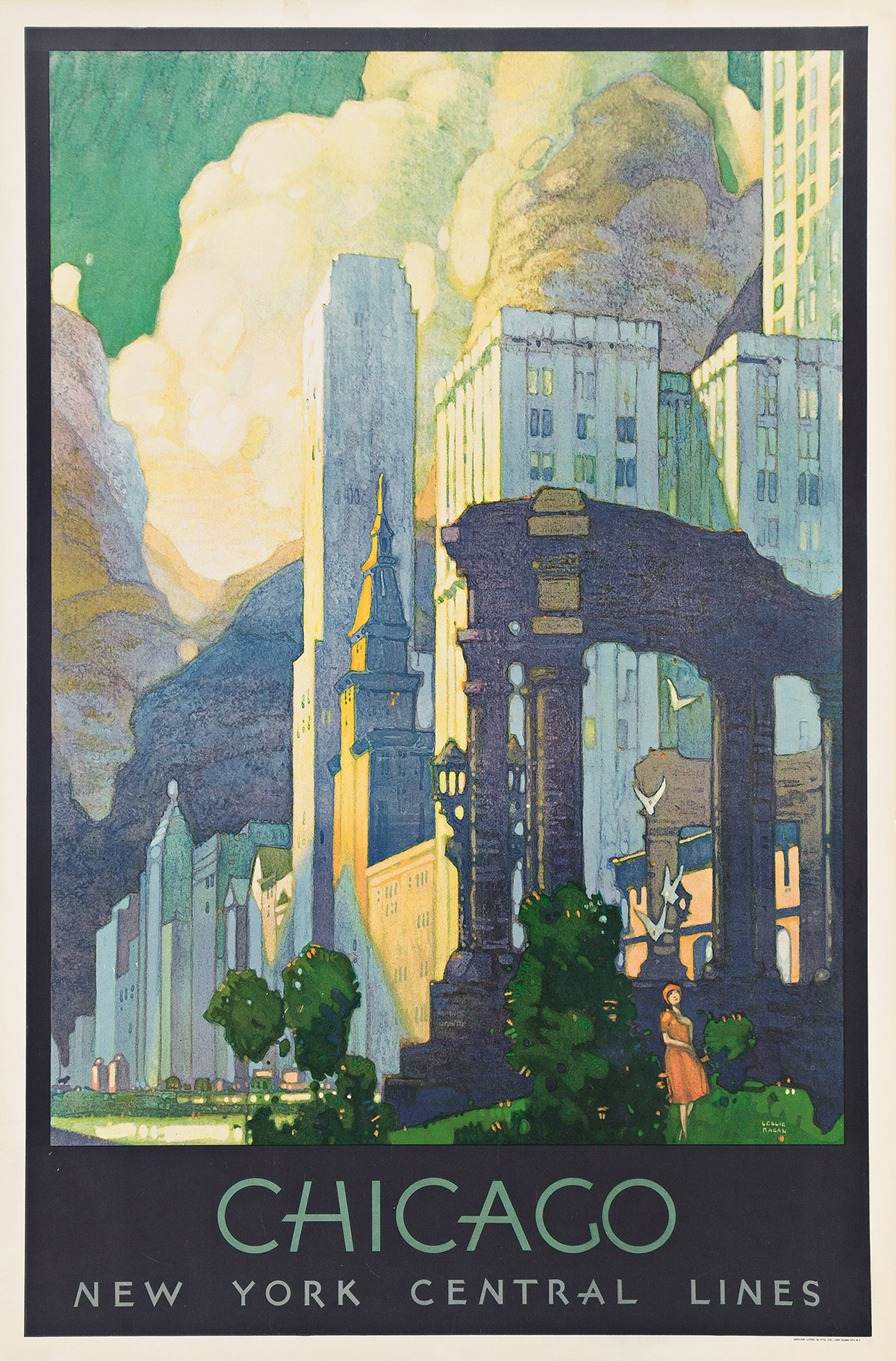 LESLIE RAGAN (1897-1972).  CHICAGO / NEW YORK CENTRAL LINES. 1929. 40¾x27 inches, 103½x89½ cm. Latham Litho. & Ptg. Co., Long Island Ci